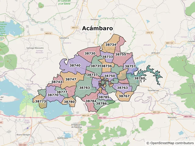 Mapa de códigos postales de Acámbaro, Guanajuato