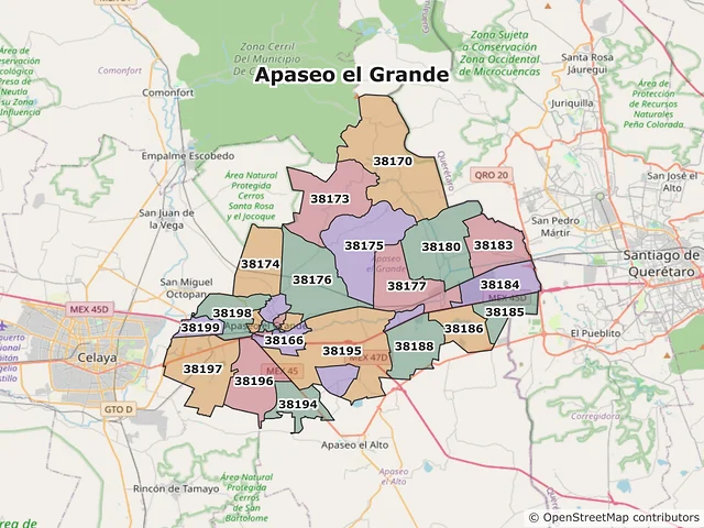 Mapa de códigos postales de Apaseo el Grande, Guanajuato