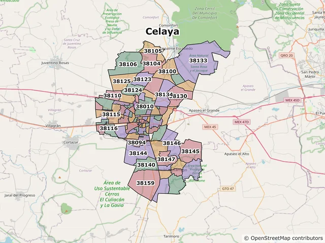 Mapa de códigos postales de Celaya, Guanajuato