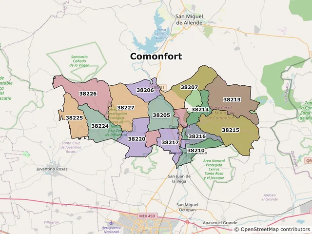Mapa de códigos postales de Comonfort, Guanajuato