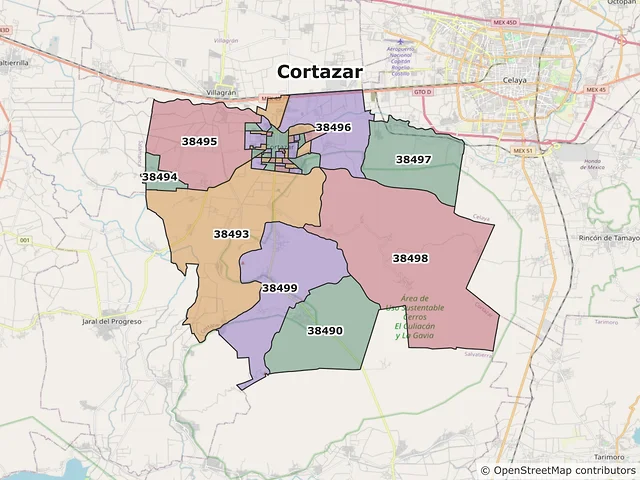 Mapa de códigos postales de Cortazar, Guanajuato