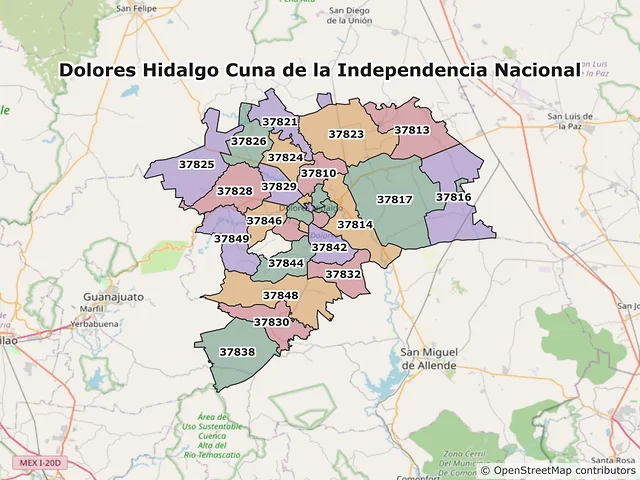 Mapa de códigos postales de Dolores Hidalgo Cuna de la Independencia Nacional, Guanajuato