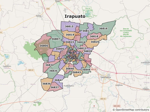Mapa de códigos postales de Irapuato, Guanajuato