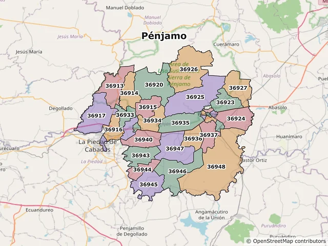 Mapa de códigos postales de Pénjamo, Guanajuato
