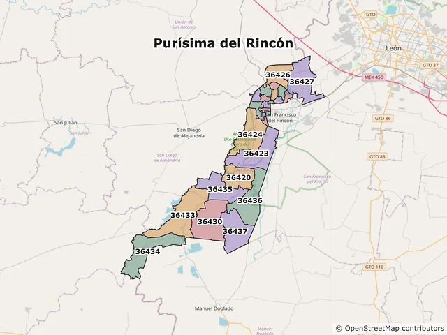 Mapa de códigos postales de Purísima del Rincón, Guanajuato