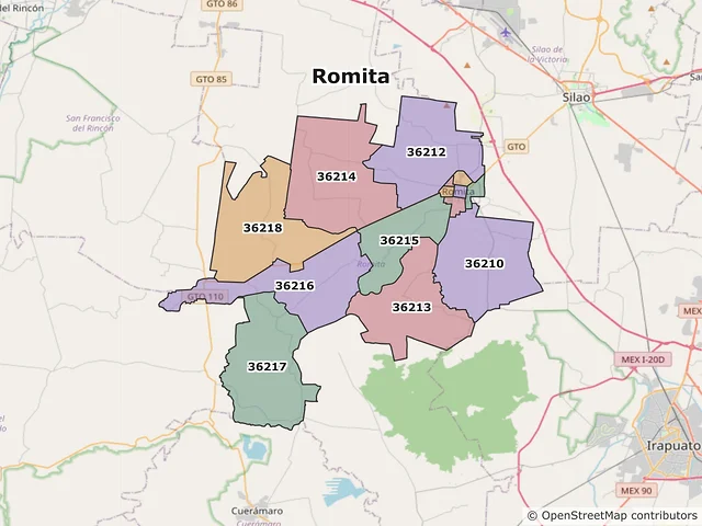 Mapa de códigos postales de Romita, Guanajuato