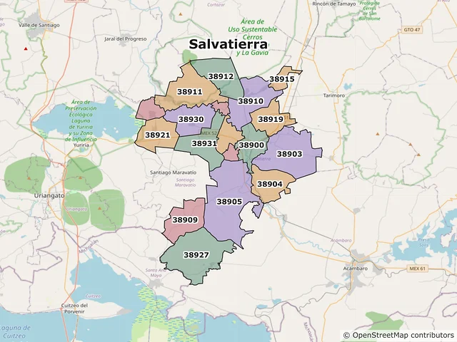 Mapa de códigos postales de Salvatierra, Guanajuato