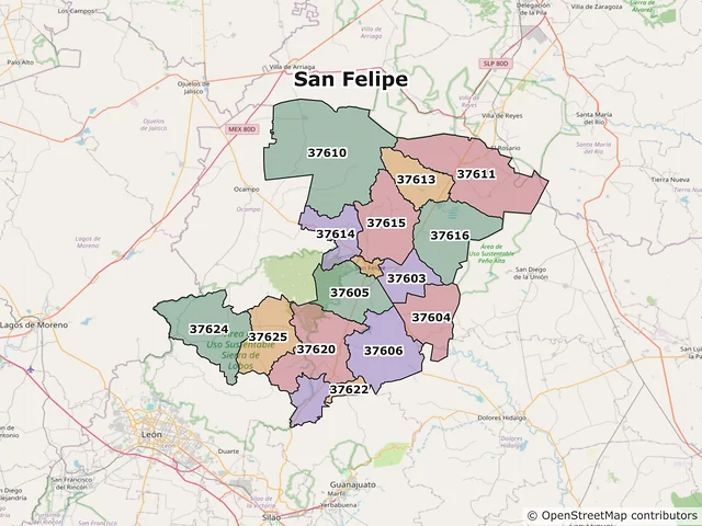 Mapa de códigos postales de San Felipe, Guanajuato