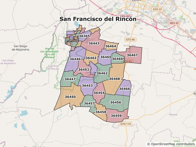 Mapa de códigos postales de San Francisco del Rincón, Guanajuato