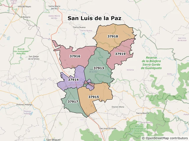 Mapa de códigos postales de San Luis de la Paz, Guanajuato