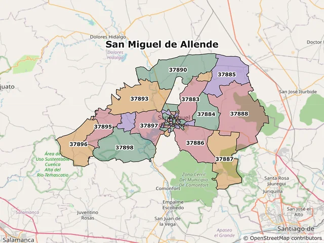 Mapa de códigos postales de San Miguel de Allende, Guanajuato