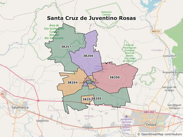 Mapa de códigos postales de Santa Cruz de Juventino Rosas, Guanajuato