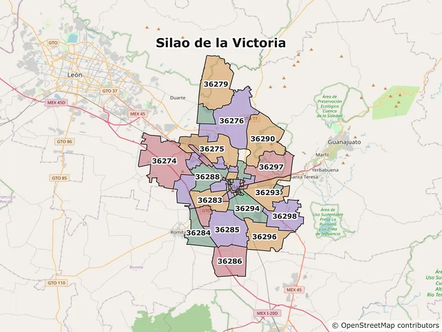 Mapa de códigos postales de Silao de la Victoria, Guanajuato