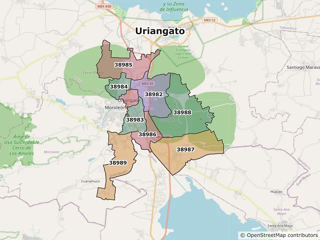 Mapa de códigos postales de Uriangato, Guanajuato