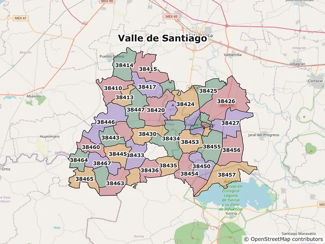 Mapa de códigos postales de Valle de Santiago, Guanajuato