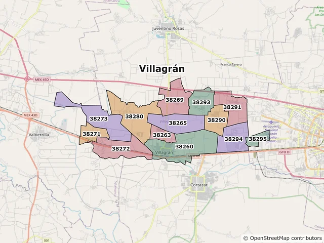 Mapa de códigos postales de Villagrán, Guanajuato