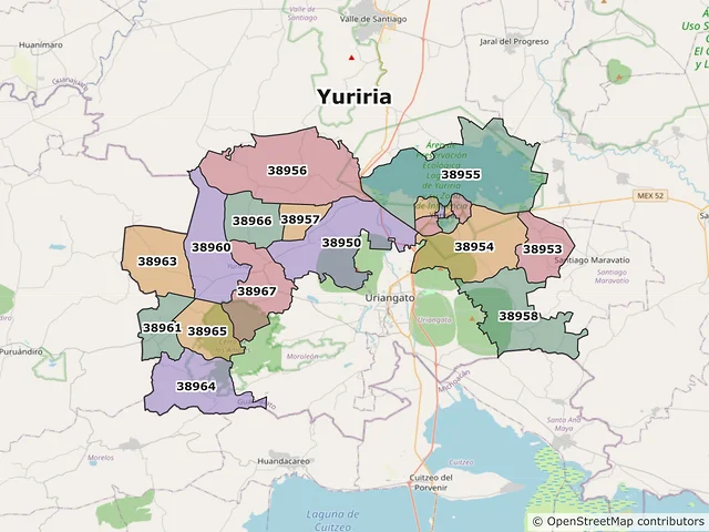 Mapa de códigos postales de Yuriria, Guanajuato