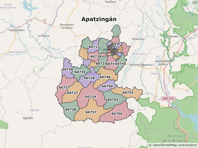 Mapa de códigos postales de Apatzingán, Michoacán de Ocampo