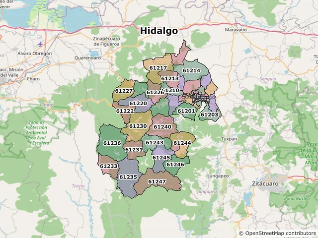 Mapa de códigos postales de Hidalgo, Michoacán de Ocampo