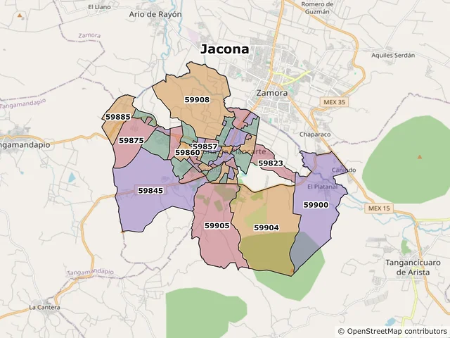 Mapa de códigos postales de Jacona, Michoacán de Ocampo