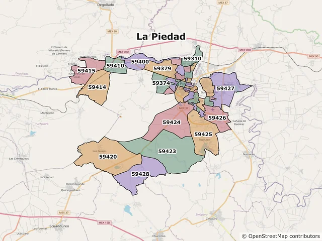 Mapa de códigos postales de La Piedad, Michoacán de Ocampo