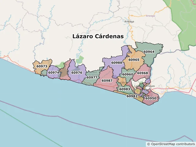 Mapa de códigos postales de Lázaro Cárdenas, Michoacán de Ocampo