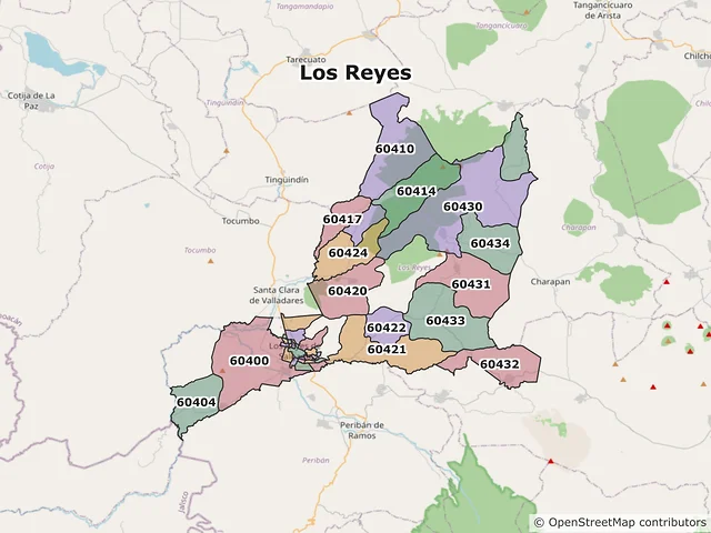 Mapa de códigos postales de Los Reyes, Michoacán de Ocampo