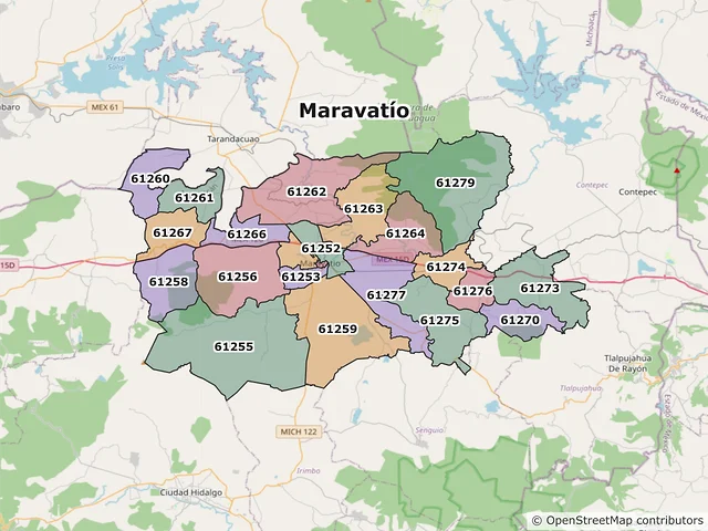 Mapa de códigos postales de Maravatío, Michoacán de Ocampo