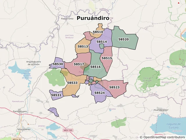 Mapa de códigos postales de Puruándiro, Michoacán de Ocampo
