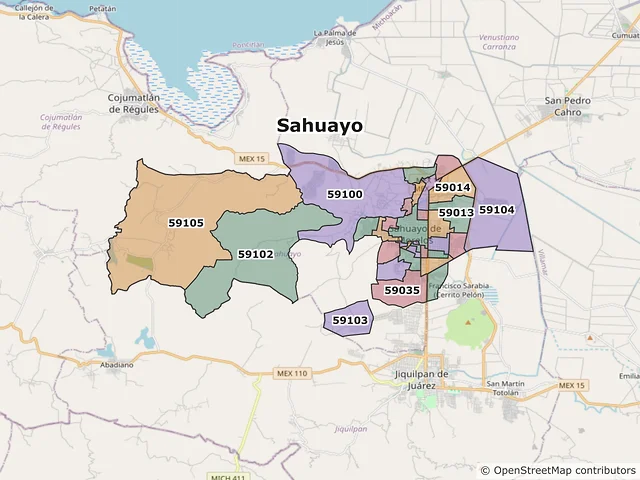 Mapa de códigos postales de Sahuayo, Michoacán de Ocampo
