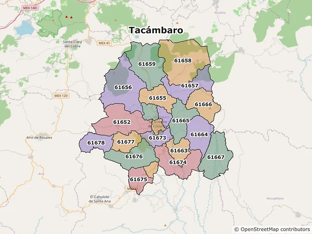 Mapa de códigos postales de Tacámbaro, Michoacán de Ocampo