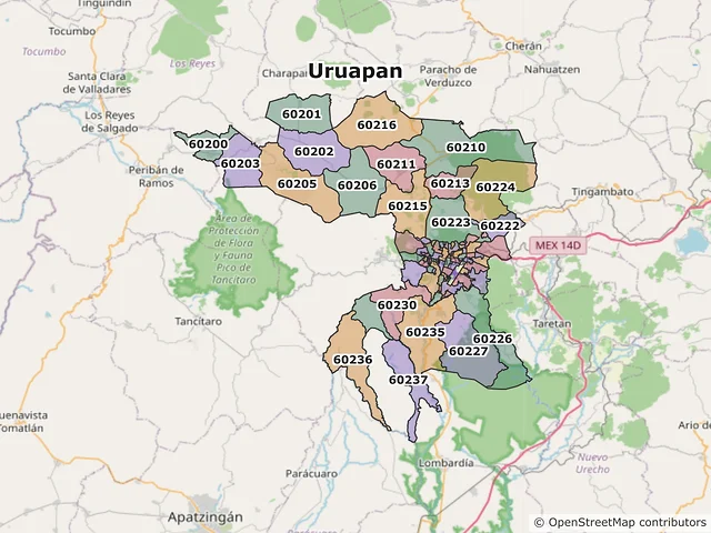 Mapa de códigos postales de Uruapan, Michoacán de Ocampo