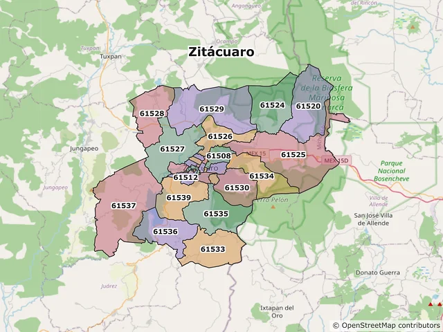 Mapa de códigos postales de Zitácuaro, Michoacán de Ocampo