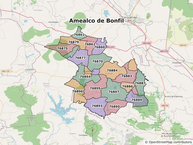 Mapa de códigos postales de Amealco de Bonfil, Querétaro