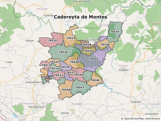 Mapa de códigos postales de Cadereyta de Montes, Querétaro