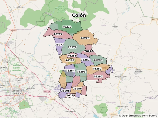 Mapa de códigos postales de Colón, Querétaro