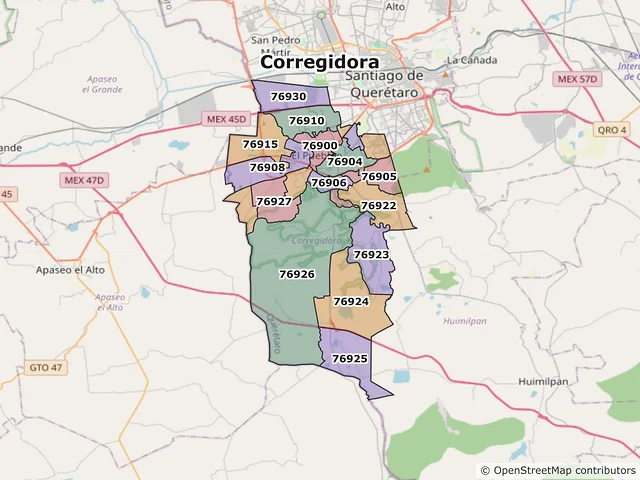 Mapa de códigos postales de Corregidora, Querétaro
