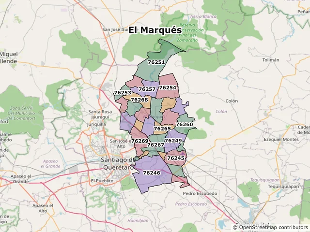 Mapa de códigos postales de El Marqués, Querétaro