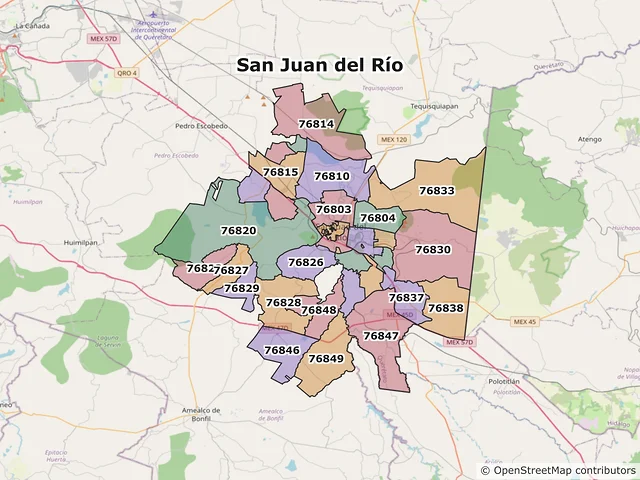 Mapa de códigos postales de San Juan del Río, Querétaro